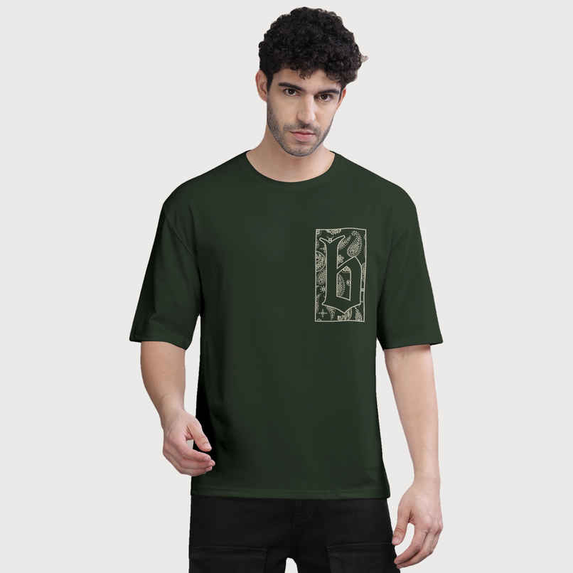 Bullmer Men's Oversized T-shirt Front and Back Printed, Colourblock Baggy | Olive | L