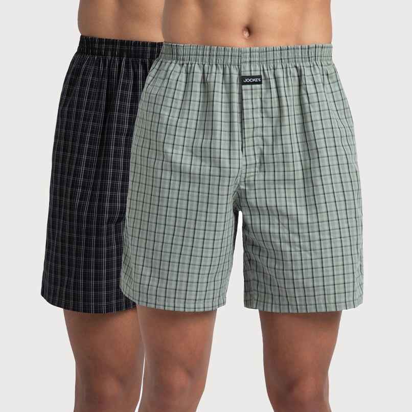 Jockey 1223 Men's Super Combed Mercerized Cotton Woven Checks Underwear Boxer | SidePocket | Black/Slate - M