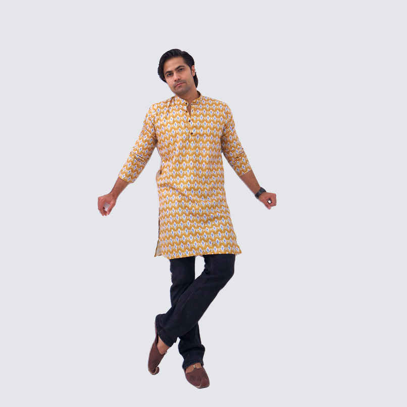 House Of Festivals Men's Printed Cotton Blend Long Kurta | Yellow - XL