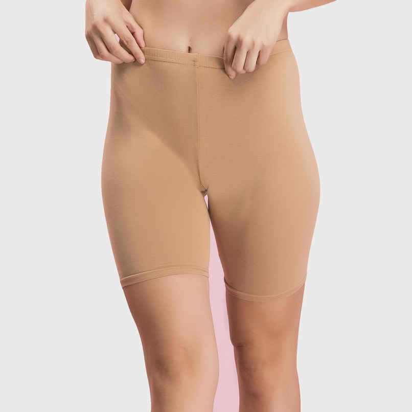 Clovia Cotton Mid Waist Cycling Shorts With Inner Elastic | Nude | L