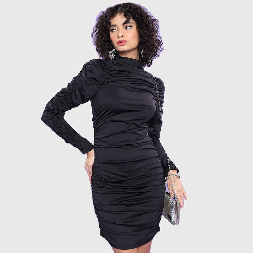 Ketch Women's Gathered Detailed High Neck Long Sleeves Sheath Dress | Black - XL