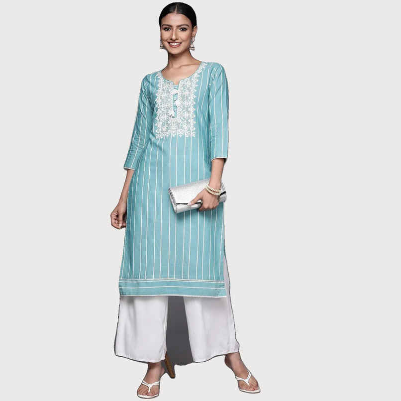 Libas Women Blue Cotton Embroidered Yoke Straight Kurta - 23637Os