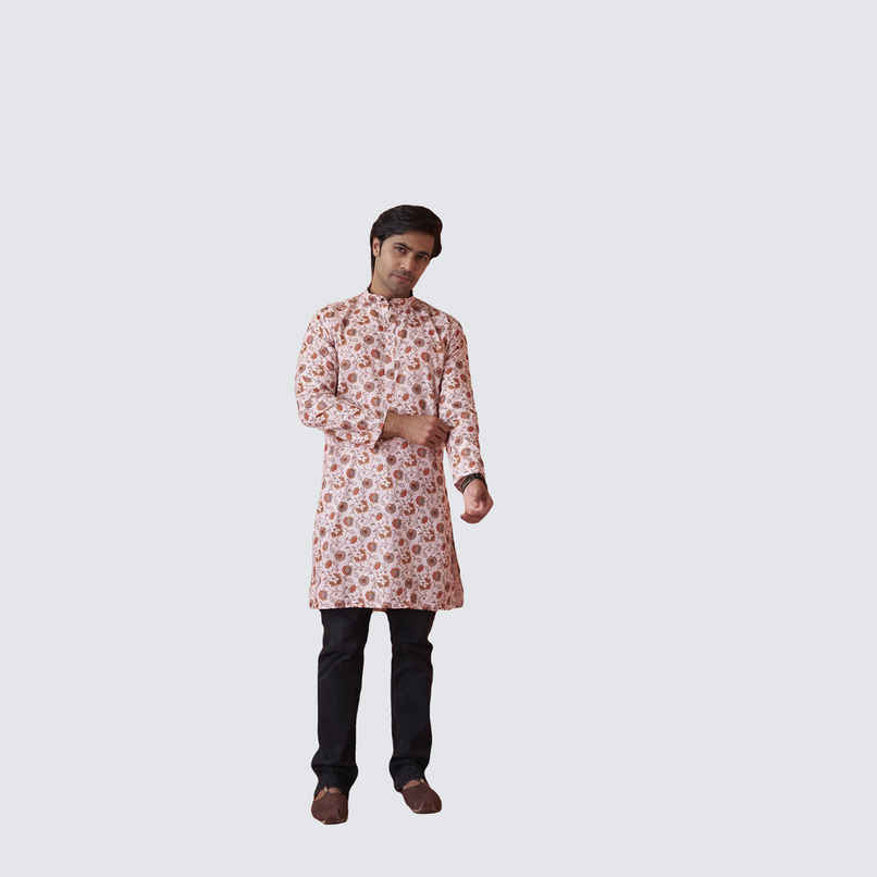 House Of Festivals Men's Printed Cotton Blend Long Kurta | Cream - L