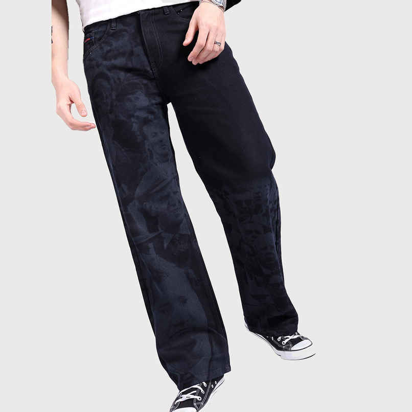 The Indian Garage Co Men's Baggy Fit Photo Print Casual Jeans | Dark Blue | 34