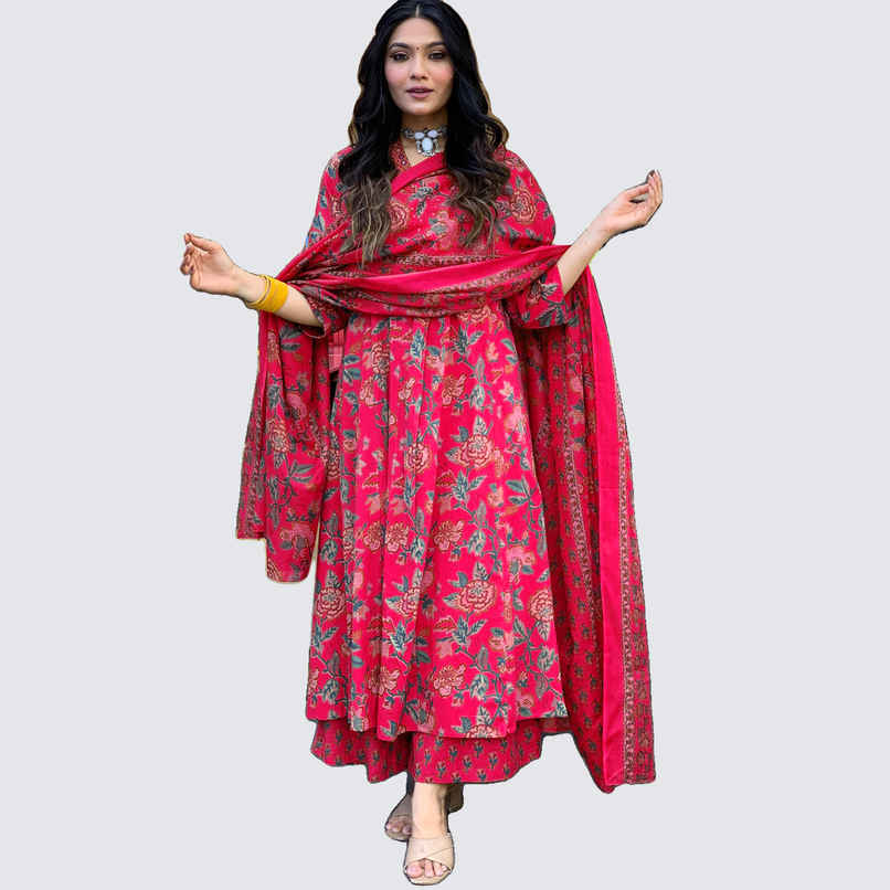 GoSriKi Women's Viscose Rayon Anarkali Printed Kurta with Pant & Dupatta | CIA | Pink - XL GoSriKi Women's Viscose Rayon Anarkali Printed Kurta with Pant & Dupatta | CIA | Pink - XL
