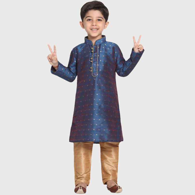 Vastramay Boy's Silk Blend Kurta Pyjama Set | Persian Blue & Rose Gold - 9 to 10 years