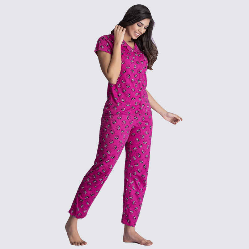 Clovia Owl Print Button Down Shirt & Pyjama Set - Cotton Rich(Magenta - Xxl)