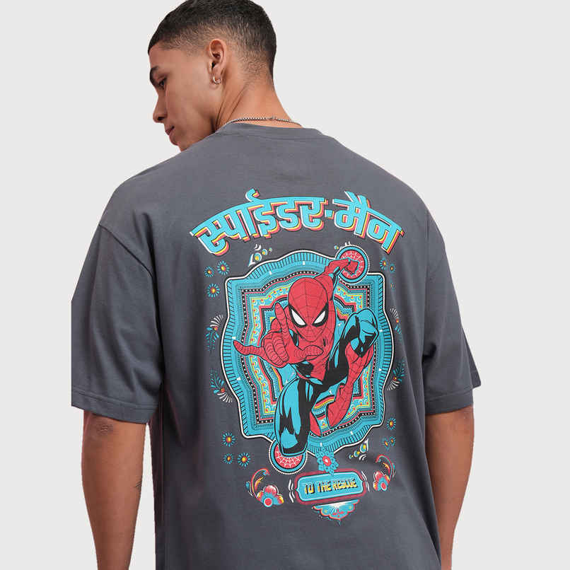 Highlander Men's Marvel Spider-Man Printed Oversized Round Neck Drop Shoulder T-shirt | Grey - M