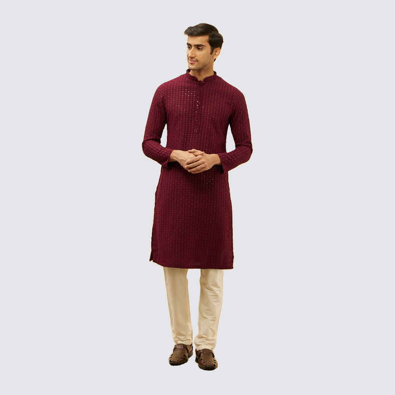 Manyavar Maroon Viscose Chikankari Embroidered Sequinned Kurta Set | M