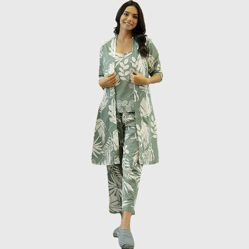 Sanskrutihomes Women's Printed Cotton Night Suit | Green - L