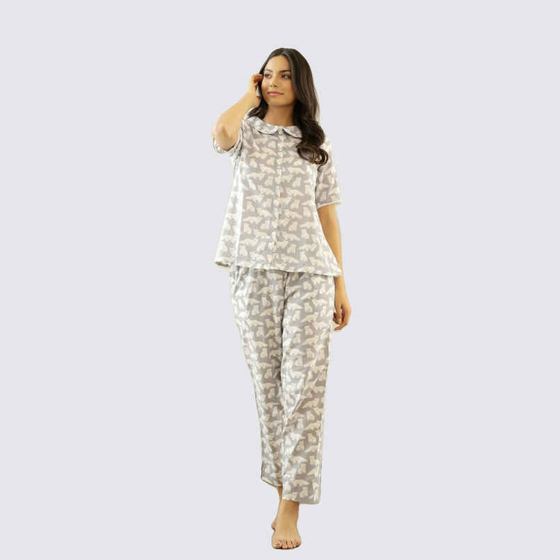 Sanskrutihomes Women's Printed Cotton Night Suit | Grey - XL