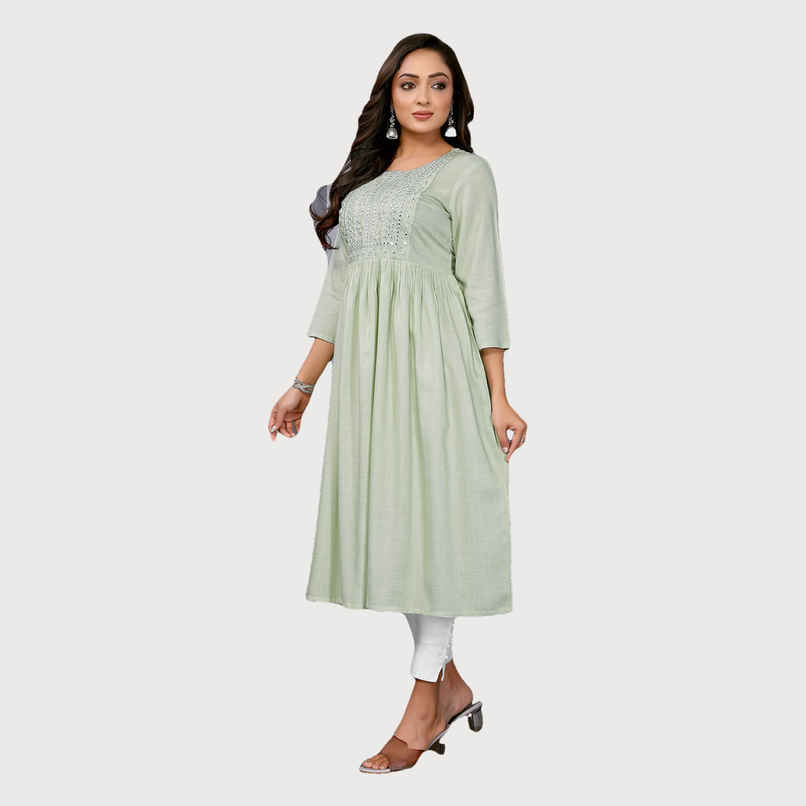 Rangita Women's Rayon Embroidered Flared Calf Length Kurta | Light Green - XL