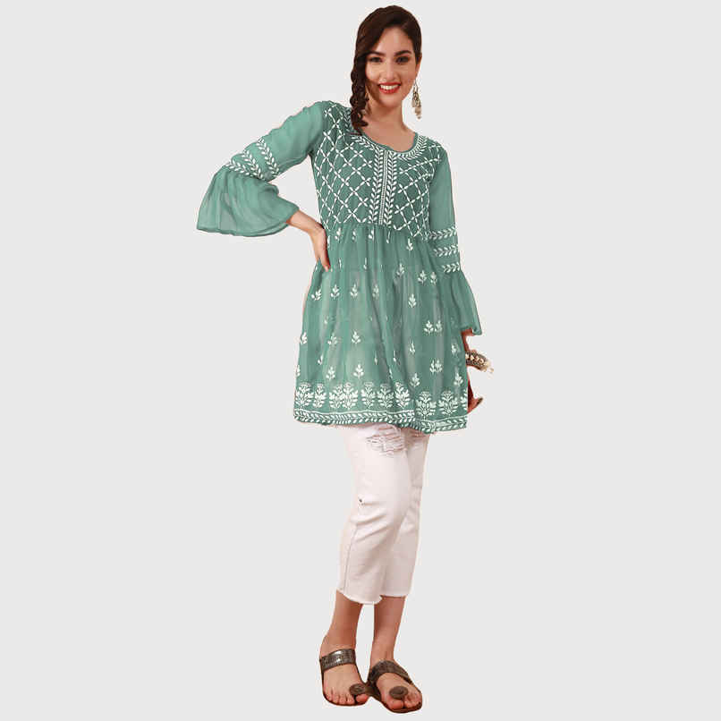 Youthnic Women s Georgette Chikankari Embroidered Short Kurti | T5 - ZigZag Dusty Green | XL Youthnic Women s Georgette Chikankari Embroidered Short Kurti | T5 - ZigZag Dusty Green | XL