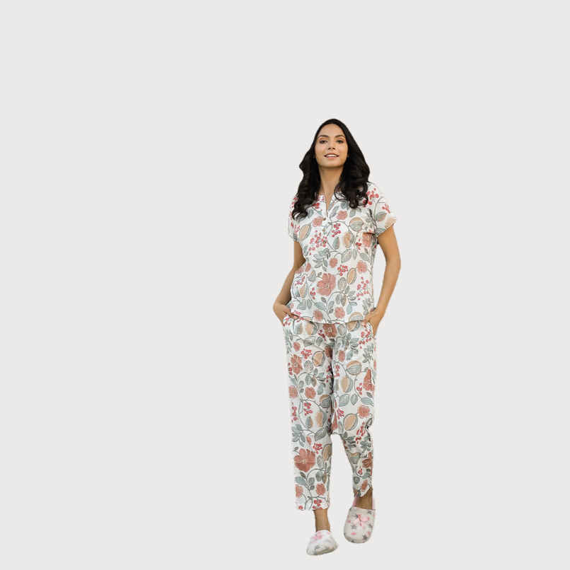 Sanskrutihomes Women's Printed Pure Cotton Night Suit | White - L
