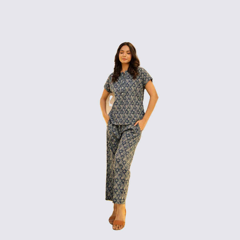 Sanskrutihomes Women's Printed Pure Cotton Night Suit | Navy Blue - XL