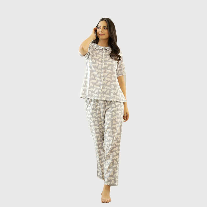 Sanskrutihomes Women's Printed Cotton Night Suit | Grey - M