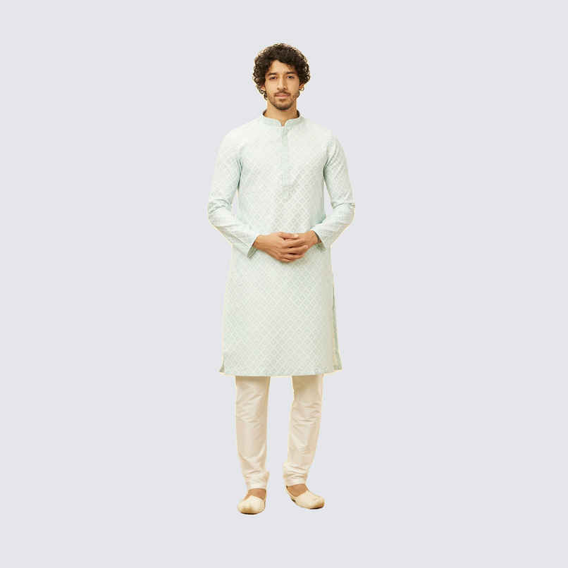 Manyavar Blue Art Silk Self Design Kurta Set | L