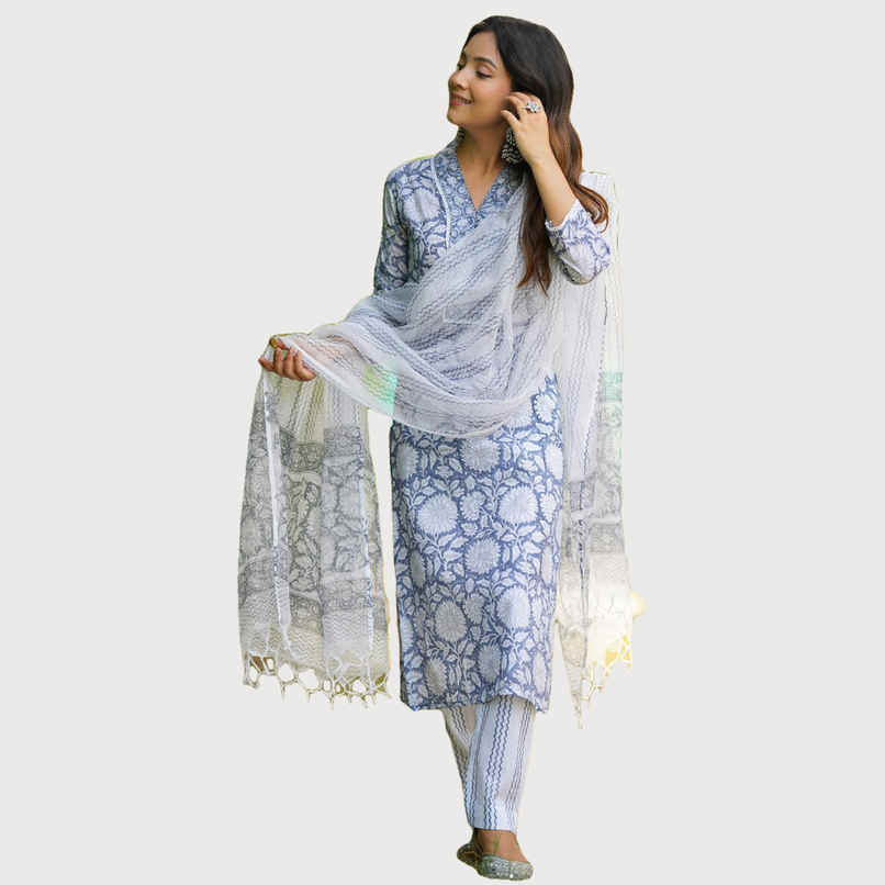 Divena Women s Sky blue Hand Block Printed Straight kurta Pant Set with Dupatta | DK0755 | M