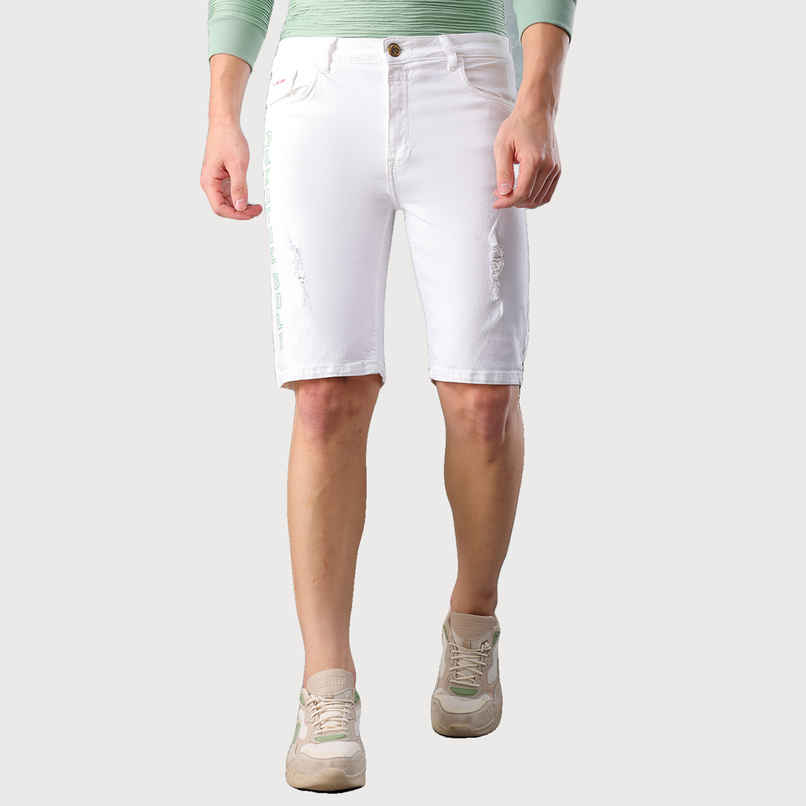 The Indian Garage Co Men's Slim Fit Placement Print Casual Shorts | White - 34