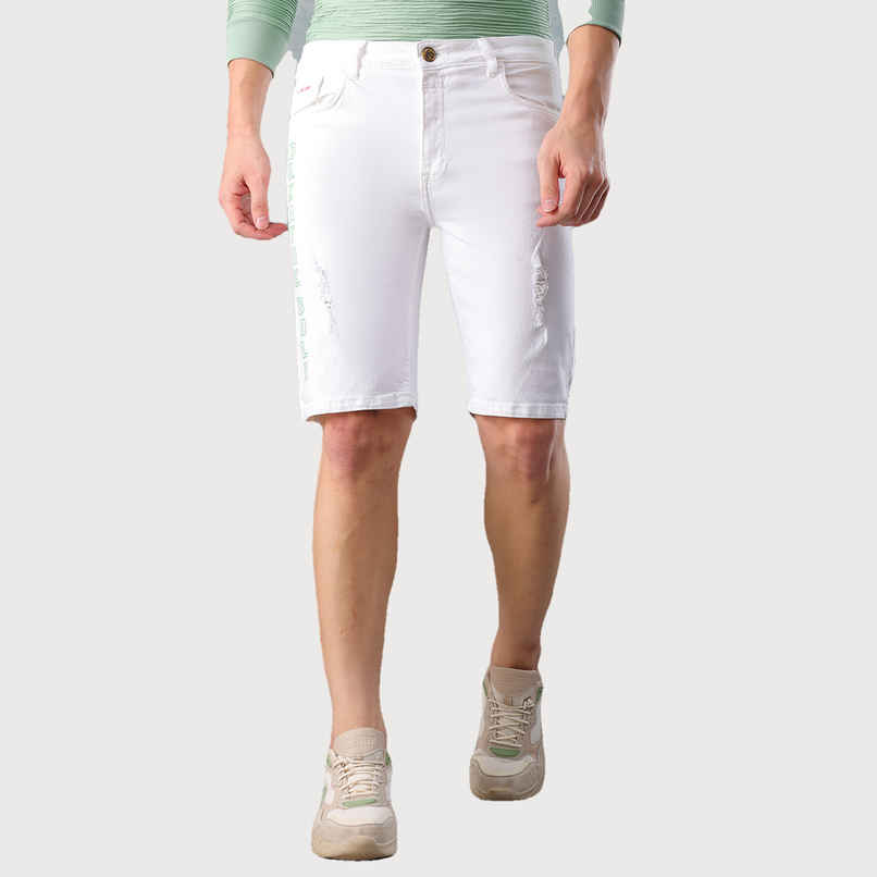 The Indian Garage Co Men's Slim Fit Placement Print Casual Shorts | White - 34
