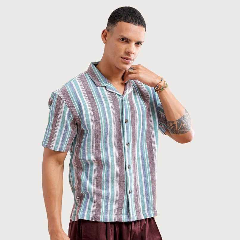 The Indian Garage Co Men's Relaxed Fit Striped Resort Half Sleeve Shirt | Maroon - M