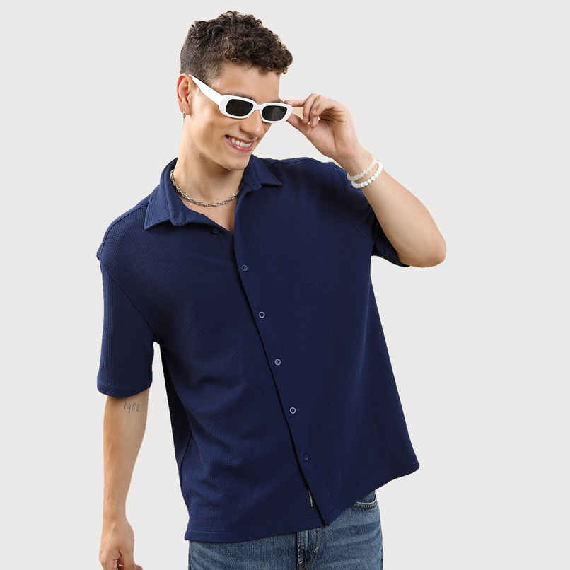 HIGHLANDER Men's Oversized Spread Collar Casual Shirt | Navy Blue - XL