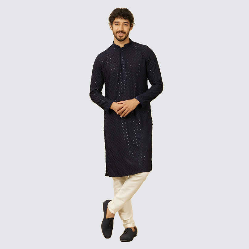 Manyavar Blue Viscose Embroidery Sequinned Work Kurta Set | XL
