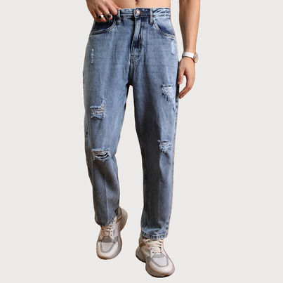 HIGHLANDER Men's Loose Fit Mildly Distressed Light Fade Jeans | Blue - 34 HIGHLANDER Men's Loose Fit Mildly Distressed Light Fade Jeans | Blue - 34