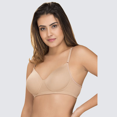 Clovia Padded Non-Wired Full Coverage T-Shirt Bra - Cotton Rich | Beige | 36D