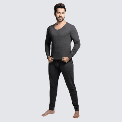 Lux Cozi Men's Heatek Thermal Comfort, Stretchable & Super Warm Set | Black Melange-100