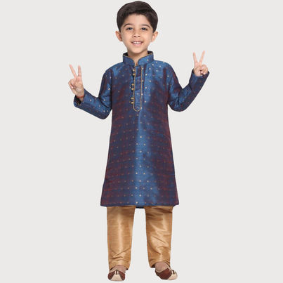 Vastramay Boy's Silk Blend Kurta Pyjama Set | Persian Blue & Rose Gold - 9 to 10 years