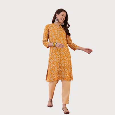 Rangdeep Women s Floral Printed Mandarin Collar Pure Cotton Straight Kurta | Mustard | XL Rangdeep Women s Floral Printed Mandarin Collar Pure Cotton Straight Kurta | Mustard | XL