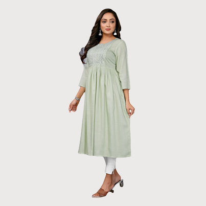 Rangita Women's Rayon Embroidered Flared Calf Length Kurta | Light Green - XL Rangita Women's Rayon Embroidered Flared Calf Length Kurta | Light Green - XL