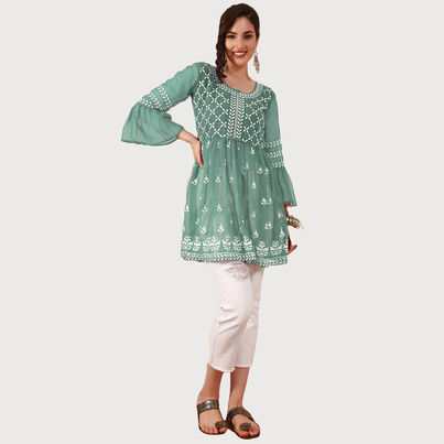 Youthnic Women s Georgette Chikankari Embroidered Short Kurti | T5 - ZigZag Dusty Green | XL Youthnic Women s Georgette Chikankari Embroidered Short Kurti | T5 - ZigZag Dusty Green | XL