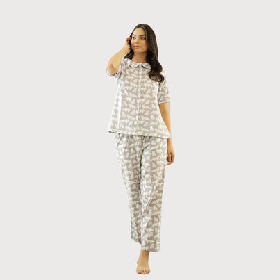 Sanskrutihomes Women's Printed Cotton Night Suit | Grey - M Sanskrutihomes Women's Printed Cotton Night Suit | Grey - M