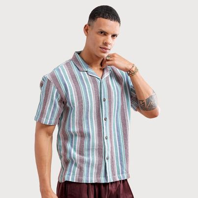 The Indian Garage Co Men's Relaxed Fit Striped Resort Half Sleeve Shirt | Maroon - M The Indian Garage Co Men's Relaxed Fit Striped Resort Half Sleeve Shirt | Maroon - M