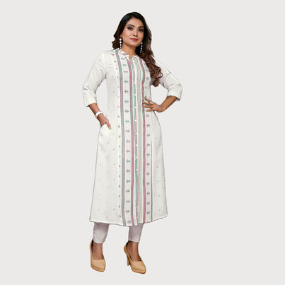 Rangita Women's Off White Rayon Printed Calf Length A-Line Kurta | M Rangita Women's Off White Rayon Printed Calf Length A-Line Kurta | M