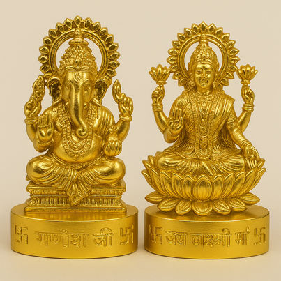 Lord Lakshmi & Ganesha Idol | 2.5 In | Zinc Metal | Gold Coating | Cycle