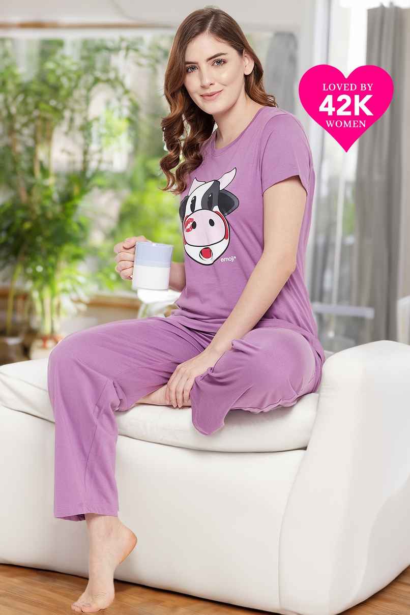 Clovia Cow Emoji Print Top & Solid Pyjama Set - 100% Cotton(Purple - L) Clovia Cow Emoji Print Top & Solid Pyjama Set - 100% Cotton(Purple - L)