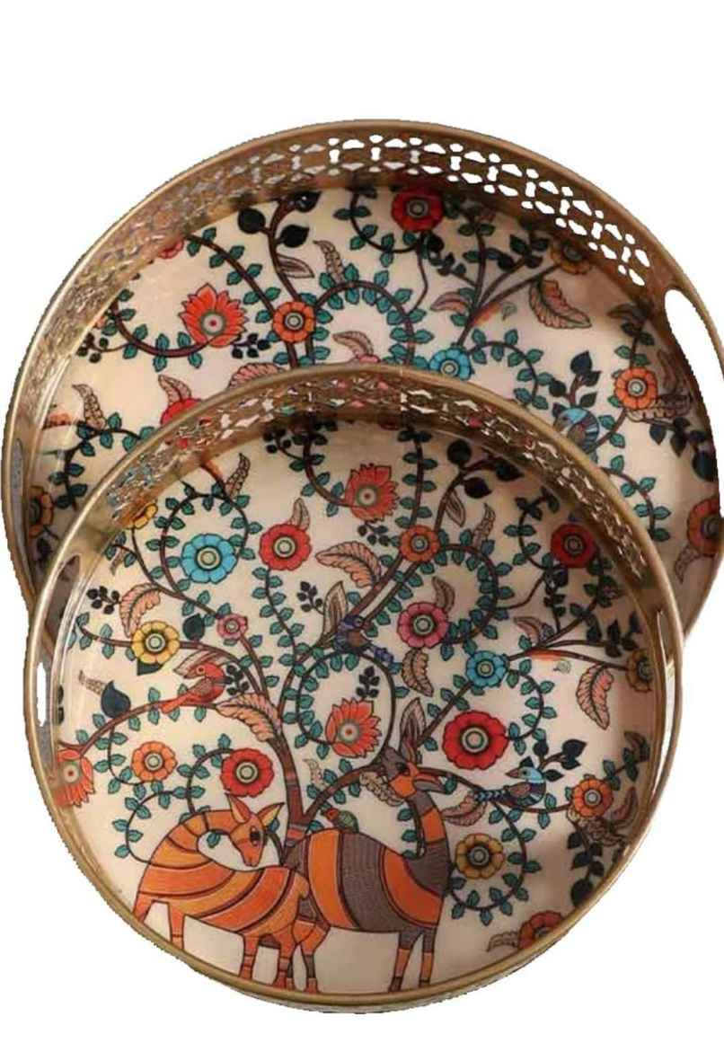 Homeharmony Pichwai Tray For Gifts | 8 Inch and 10 Inch | Round Metal Tray Homeharmony Pichwai Tray For Gifts | 8 Inch and 10 Inch | Round Metal Tray