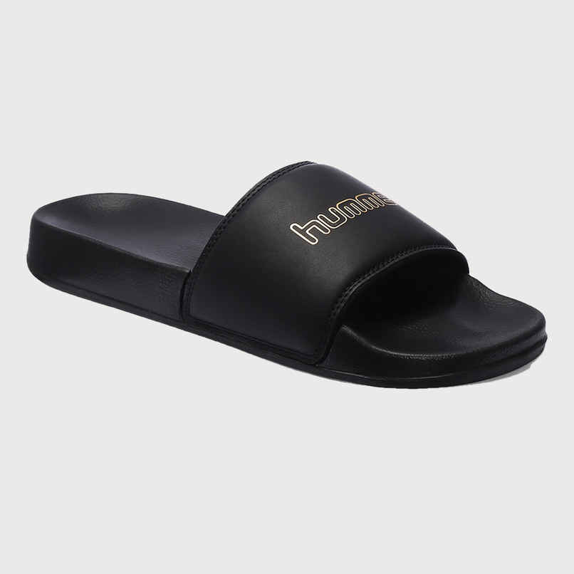 hummel Classic lightweight slides for Men with Cushioned Sole and Arch Support | Black & Gold | 6 hummel Classic lightweight slides for Men with Cushioned Sole and Arch Support | Black & Gold | 6