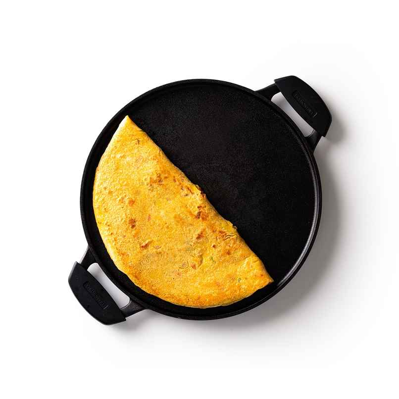 Tramontina Titanex 30 cm Pre-Seasoned Cast Iron Flat Dosa Tawa with Dual Side Handles Non-Toxic, Induction Ready, Snap-On Cool Touch Grips, Superior Stone Finish, Raised Sides for Spill-Free Cooking