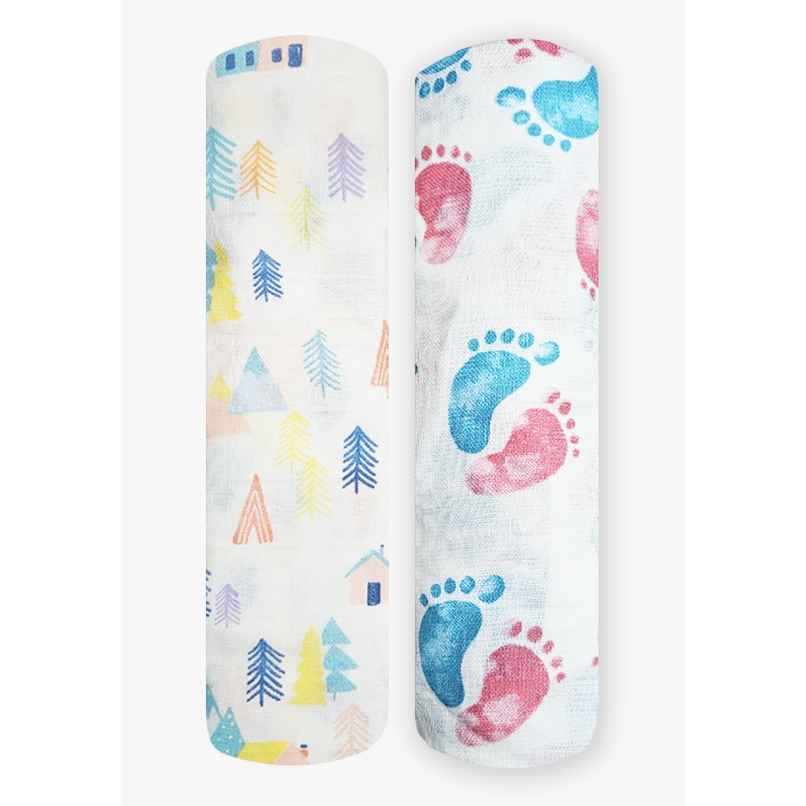 Polka Tots Printed Swaddles | Pack of 2, Trees + Feet, White