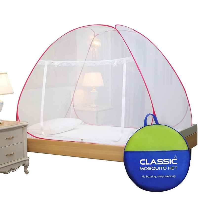Classic Mosquito Net For Single Bed | Foldable Machardani | Polyester Strong 30Gsm Mesh - Pink.