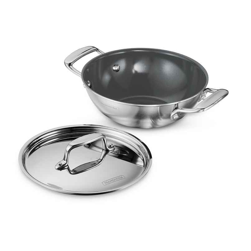 Tramontina Fusao Healthy Triply Ceramic 20cm/1.7L Kadai with SS 304 lid | Non Toxic Kadhai(PFAS/PTFE/PFOA Free) Curry | Deep Fry | StirFry | Induction Friendly | Stay Cool Handle I 10 Year Warranty