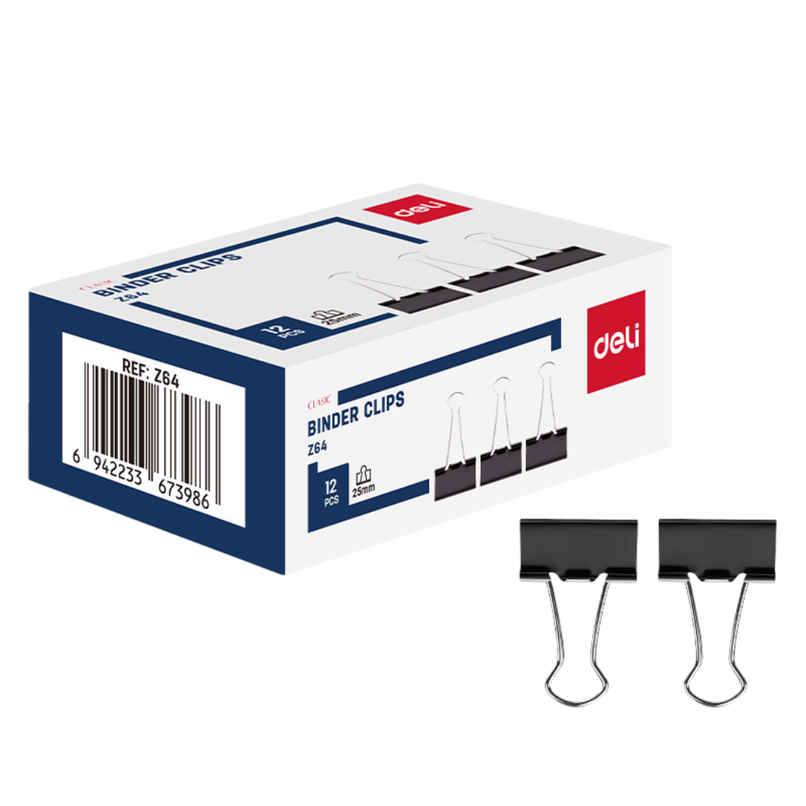Deli EZ64 Binder Clips, 25 mm, Black Body