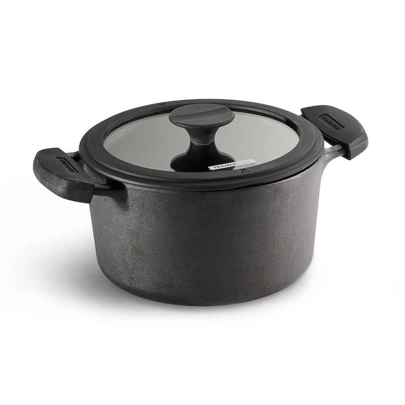 Tramontina Titanex 24 cm Pre-Seasoned Cast Iron Biryani Pot 4.9L, Non-Toxic, Induction Ready, Toughned Glass Lid with Steam Release, Snap-On Cool Touch Grips, Excellent Heat Retention & Even Heating