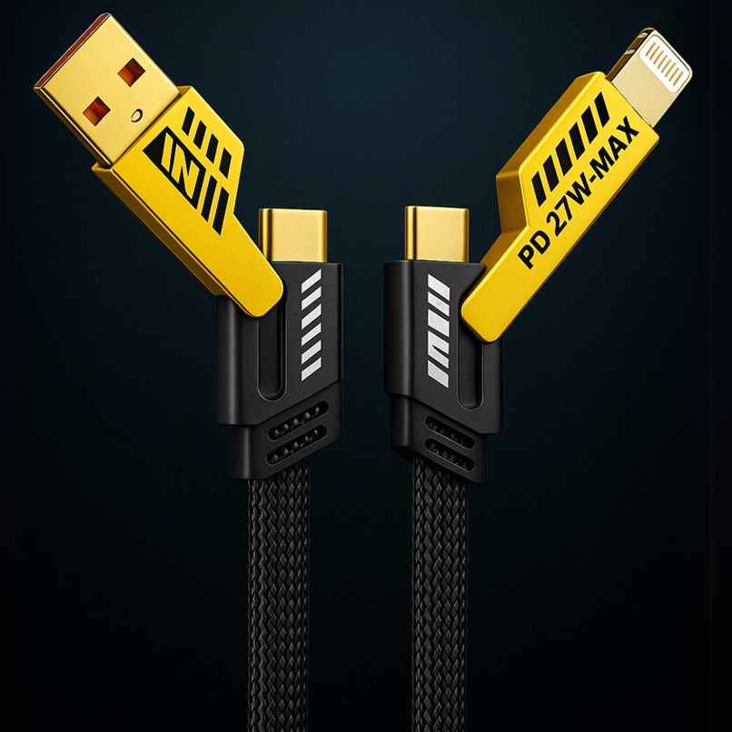 Roarx USB Type C Cable 13 A 1 m Braided 4 in 1 65W Fast Charging Cable Compatible for- & Android with MFI Certified (1 Meter)(Compatible with Apple & Android phones, Type C to C , Usb to Lightning, C to Lightning data cable) - Black & Yellow