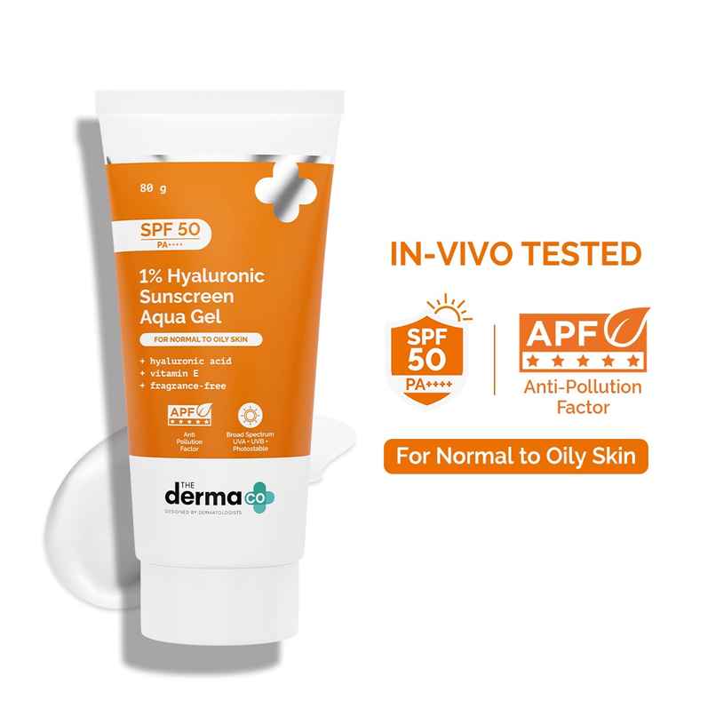 The Derma Co 1% Hyaluronic Sunscreen SPF 50 PA++++ Aqua Gel For Normal To Oily Skin The Derma Co 1% Hyaluronic Sunscreen SPF 50 PA++++ Aqua Gel For Normal To Oily Skin