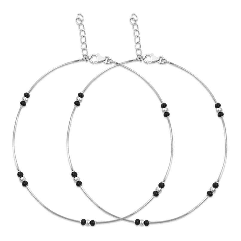 Zavya Shimmering Harmony 925 Sterling Silver Beaded Anklets | Rhodium Plated Pair | ANK-60269